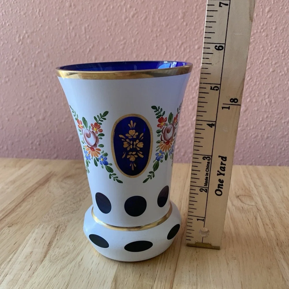 LAUSITZER GLAS Cobalt Blue Cut Crystal Vase Enameled Hand Painted Floral German